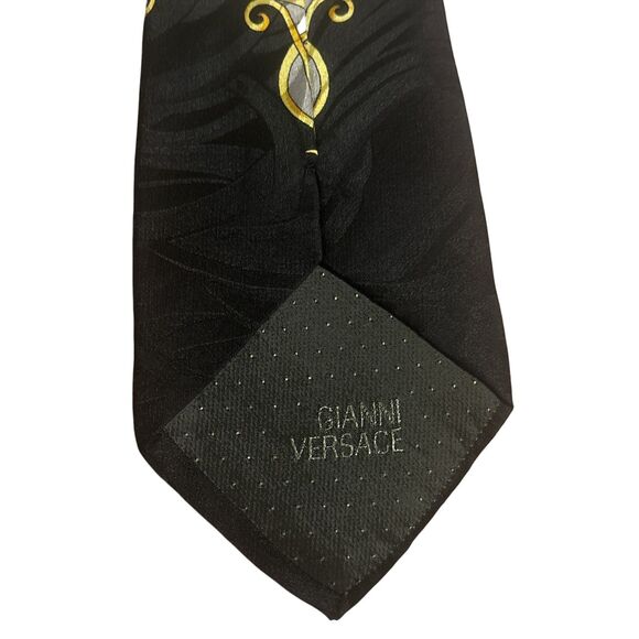 Vtg GIANNI VERSACE 90s Silk Tie Black Gold Baroque Floral Italy HANDMADE Spain - Picture 4 of 6